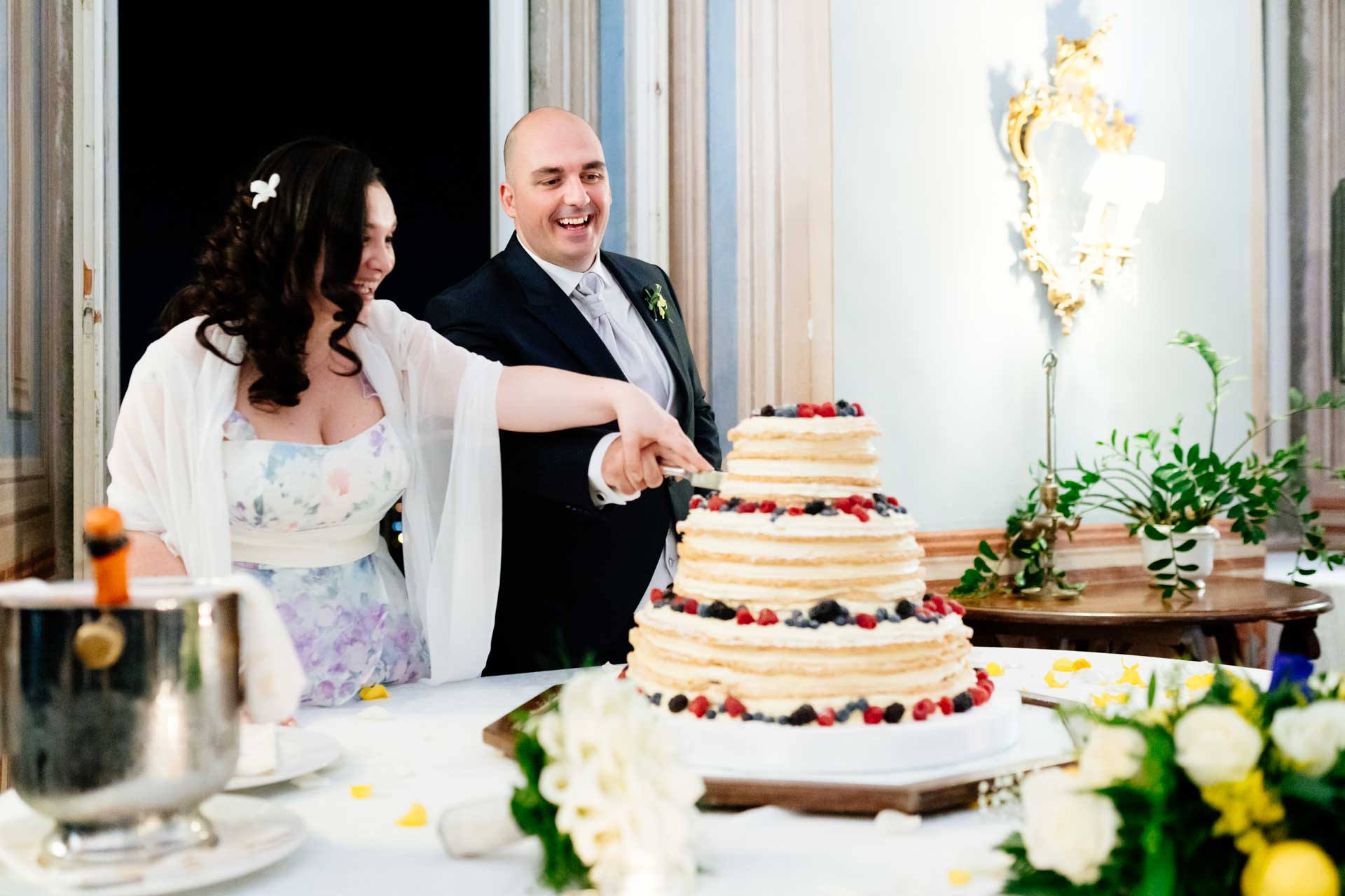 Taglio della torta durante il ricevimento di Matrimonio nel Park Hotel Villa Grazioli